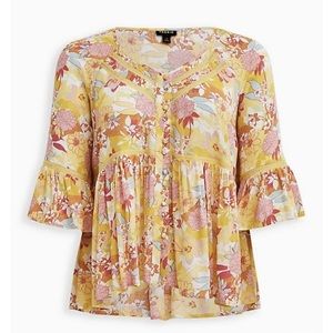 Torrid Ivory Floral Embroidered Bell Sleeve Blouse Yellow Pink Orange Size 3